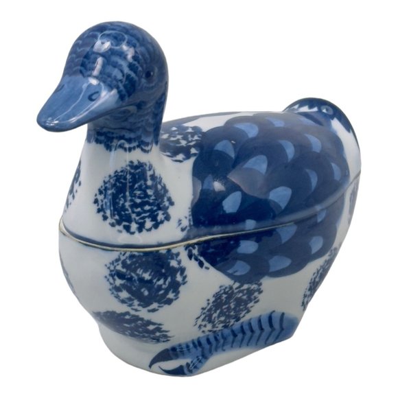 Ceramic Hand Painted Vintage 1960's Duck Shaped Trinket Box Blue & White - Picture 3 of 11